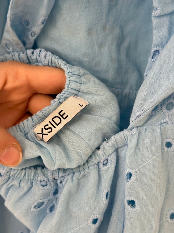 Mavi Nakışlı Pamuklu Midi Elbise - Görsel 5