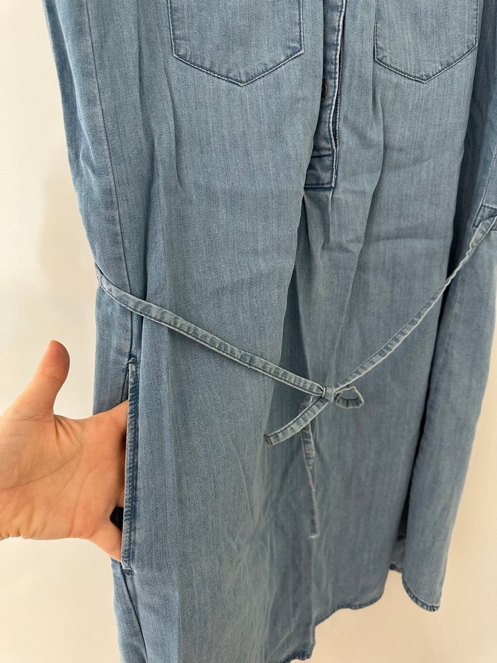 Kadın Mavi Kot Elbise, Kolsuz, Midi Boy, Kemerli - Görsel 3