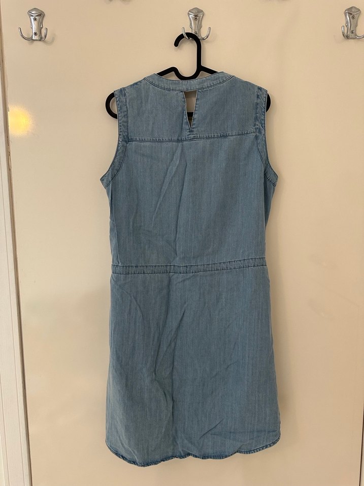 Kadın Mavi Kot Elbise, Kolsuz, Midi Boy, Kemerli - Görsel 5