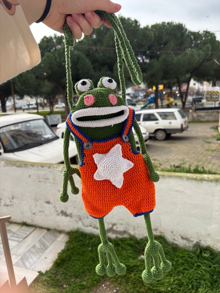 Renkli Örme Kurbağa Peluş Oyuncak çanta - Görsel 2