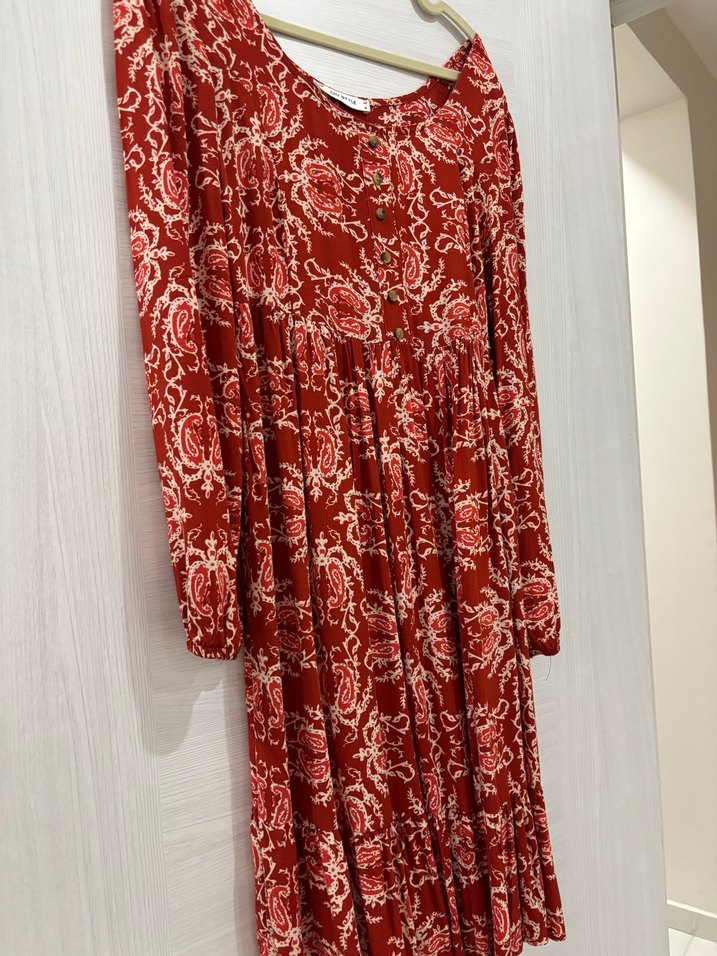 Koyu Kırmızı Uzun Kol Bohem Elbise - Görsel 2