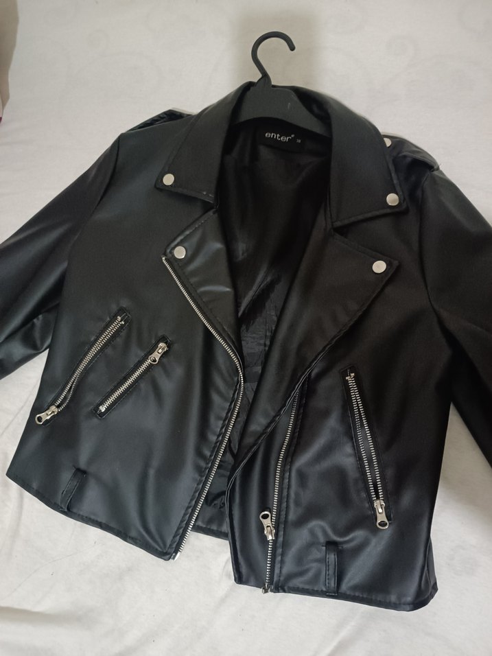 Siyah Parlak Deri Kadın Biker Ceket - Görsel 2