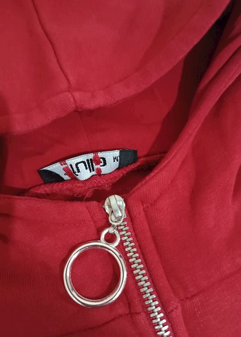 Kırmızı Kapüşonlu Fermuarlı Kadın Sweatshirt - Görsel 2