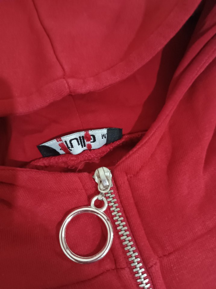 Kırmızı Kapüşonlu Fermuarlı Kadın Sweatshirt - Görsel 2