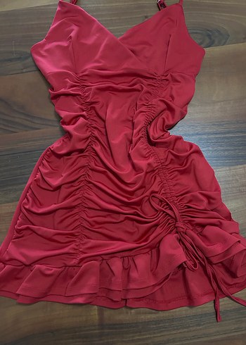 Kırmızı Drapeli Mini V Yaka Elbise - Görsel 3