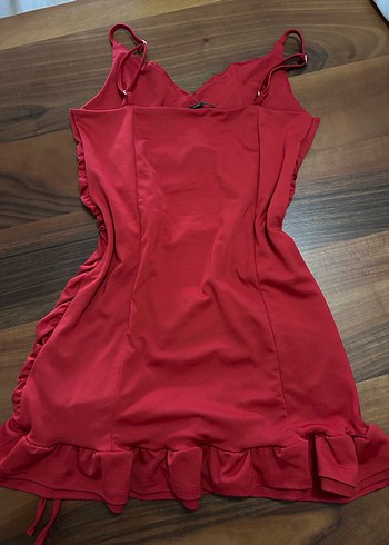 Kırmızı Drapeli Mini V Yaka Elbise - Görsel 4