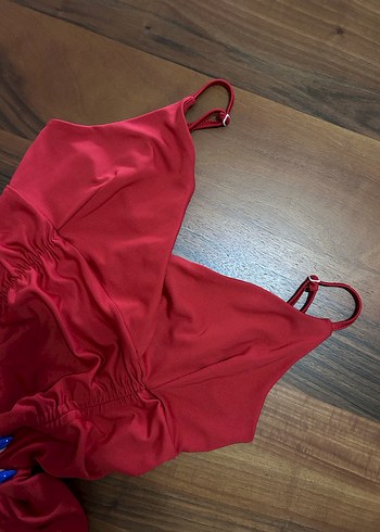 Kırmızı Drapeli Mini V Yaka Elbise - Görsel 2