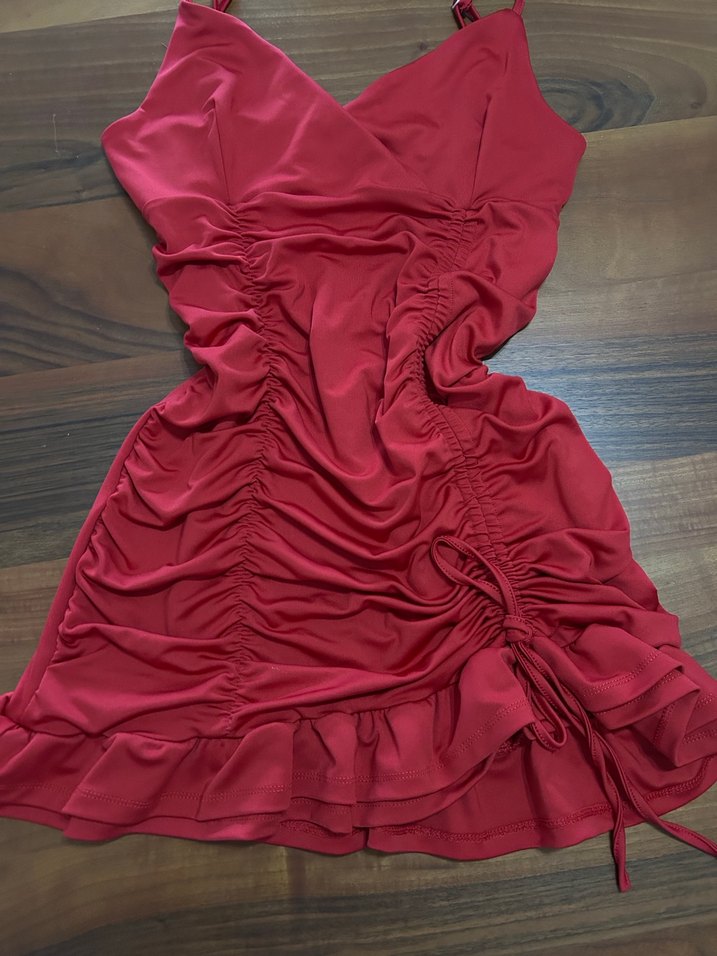 Kırmızı Drapeli Mini V Yaka Elbise - Görsel 3