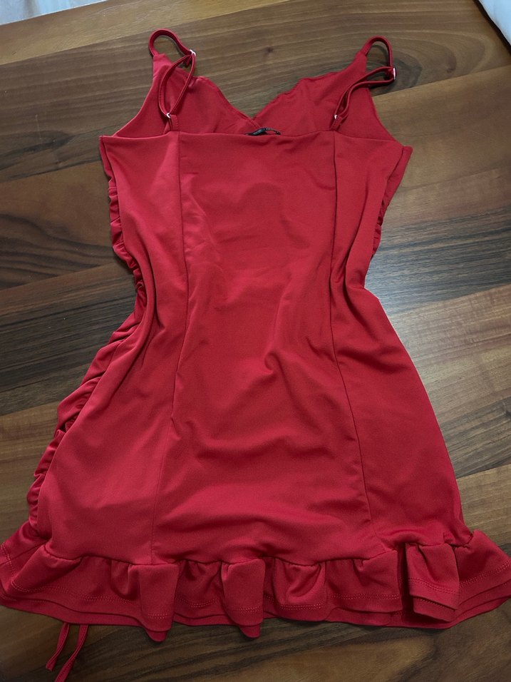 Kırmızı Drapeli Mini V Yaka Elbise - Görsel 4