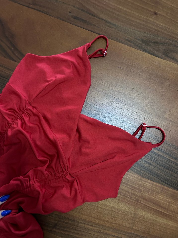 Kırmızı Drapeli Mini V Yaka Elbise - Görsel 2