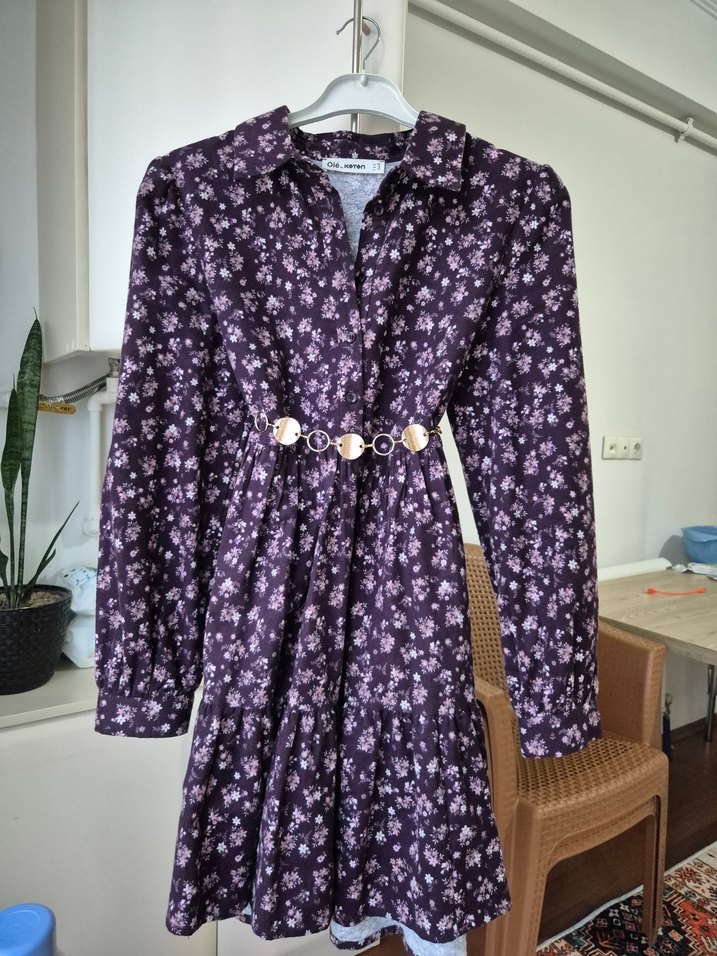 Bohem Uzun Kollu  rahat kalıp Mor Elbise - Görsel 2