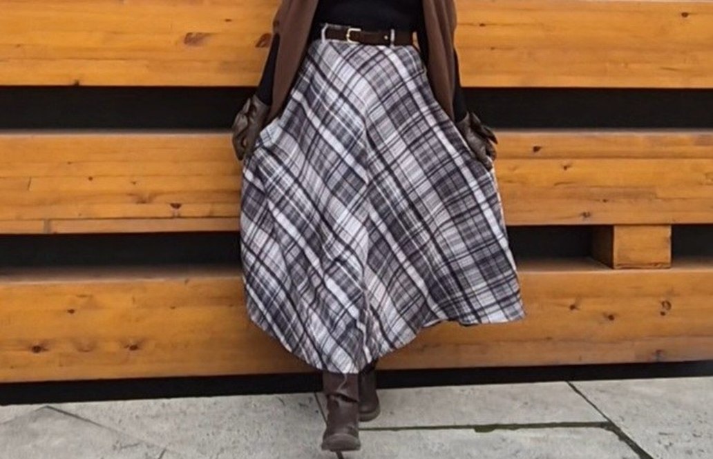 yeşilli Kareli  kemerli Midi Salaş Kadın Etek - Görsel 2