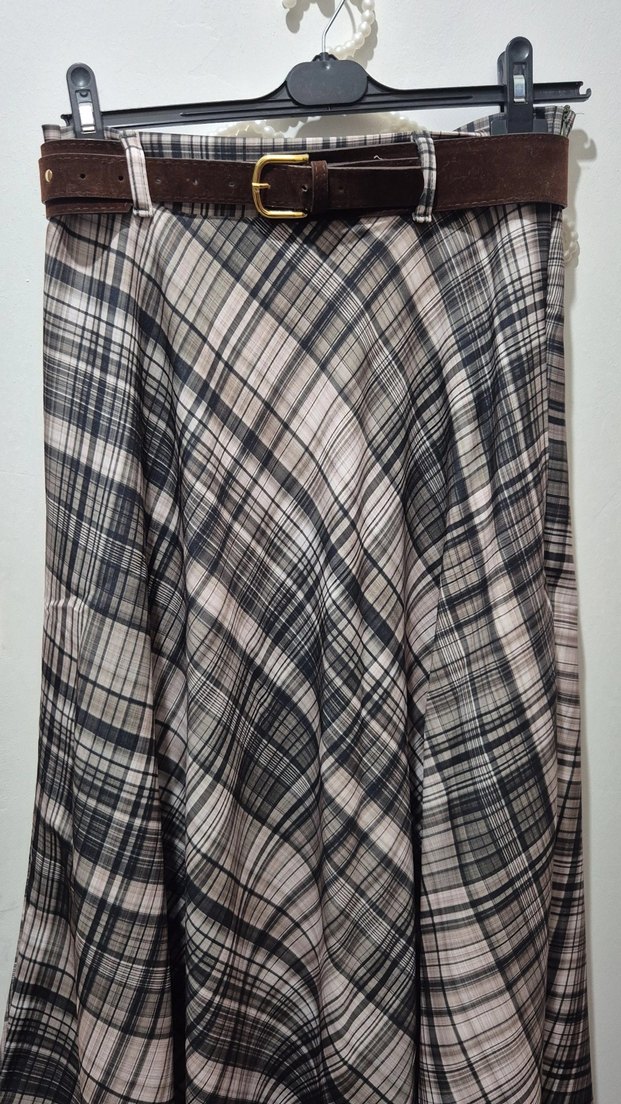 yeşilli Kareli  kemerli Midi Salaş Kadın Etek - Görsel 4