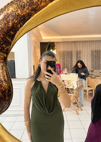 Kadın Haki Drapeli Uzun V Yaka Elbise - Görsel 7