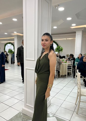 Kadın Haki Drapeli Uzun V Yaka Elbise - Görsel 3