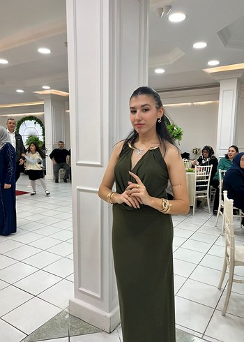 Kadın Haki Drapeli Uzun V Yaka Elbise - Görsel 4