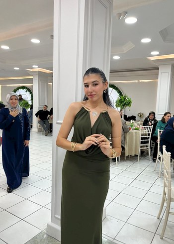 Kadın Haki Drapeli Uzun V Yaka Elbise - Görsel 6