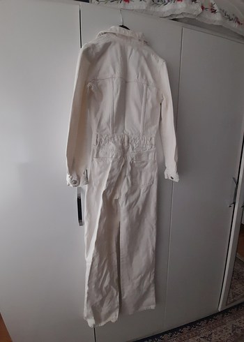 Uzun Beyaz Kot Tulum, Notch Yaka, Regular Fit - Görsel 4