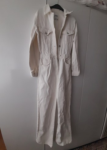 Uzun Beyaz Kot Tulum, Notch Yaka, Regular Fit - Görsel 2