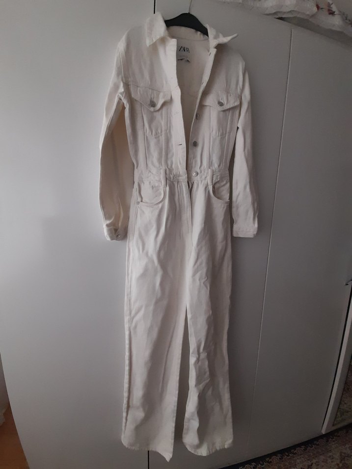 Uzun Beyaz Kot Tulum, Notch Yaka, Regular Fit - Görsel 2