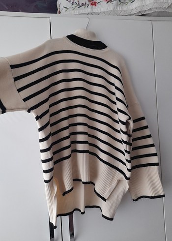 Kadın Beyaz Siyah Çizgili Boğazlı Triko Kazak - Görsel 2