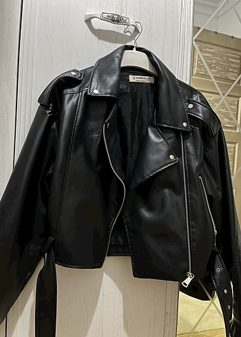Kadın Siyah Kemerli Deri Biker Ceket - Görsel 3