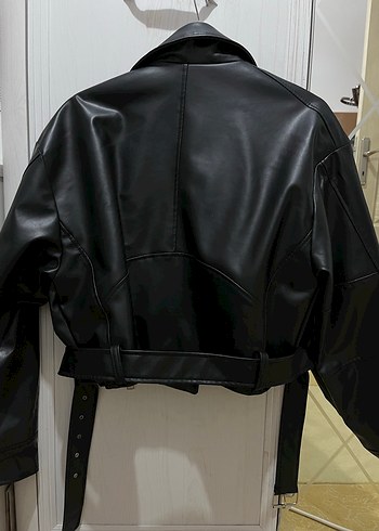 Kadın Siyah Kemerli Deri Biker Ceket - Görsel 2
