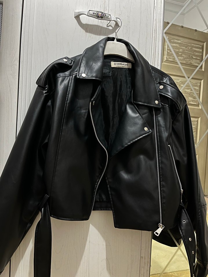 Kadın Siyah Kemerli Deri Biker Ceket - Görsel 3