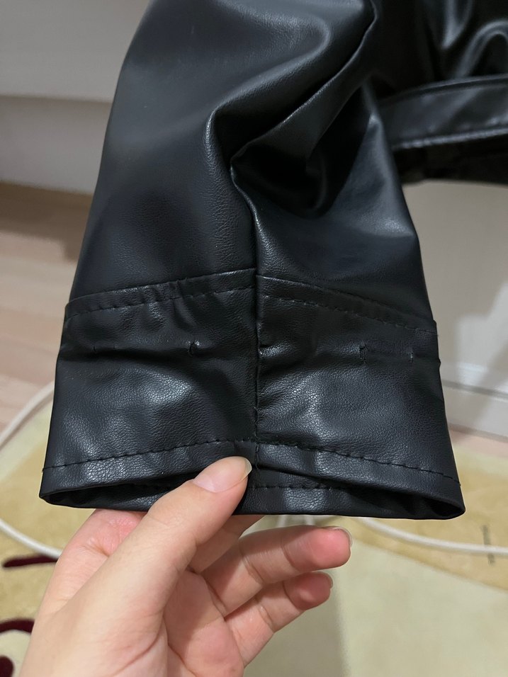 Kadın Siyah Kemerli Deri Biker Ceket - Görsel 5