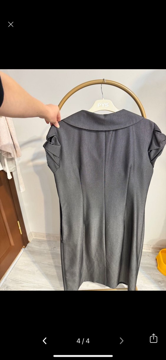 Gri V Yaka Kolsuz Mini Elbise - Görsel 4