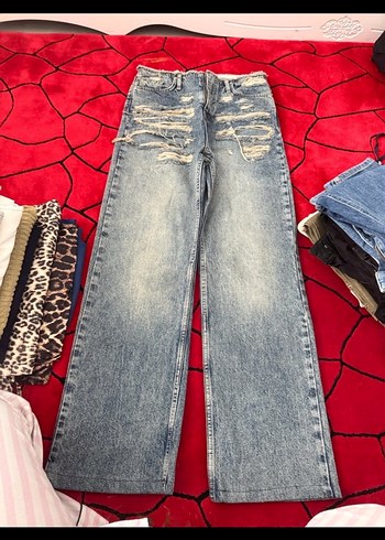 Kadın Mavi Yırtıklı Bol Kesim Pantolon - Görsel 2