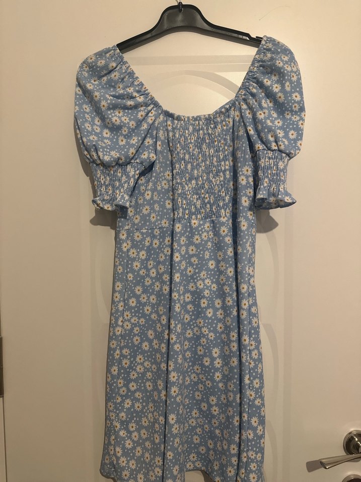 Mavi Çiçekli Bohem Mini Elbise - Görsel 4