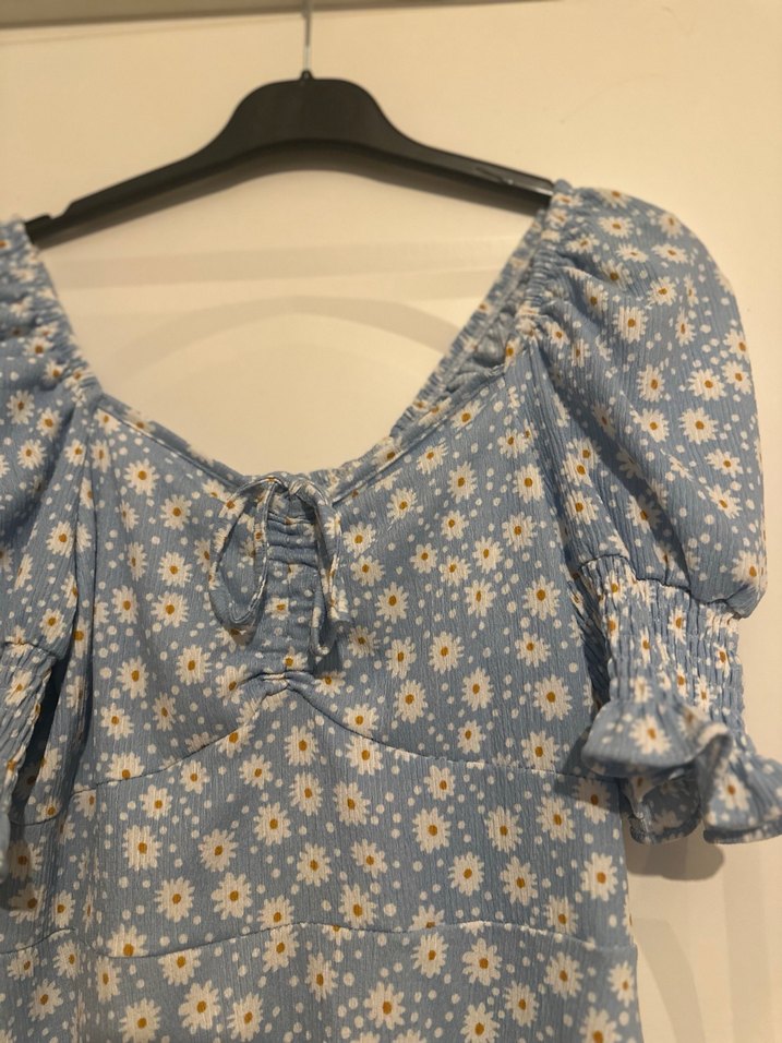 Mavi Çiçekli Bohem Mini Elbise - Görsel 2