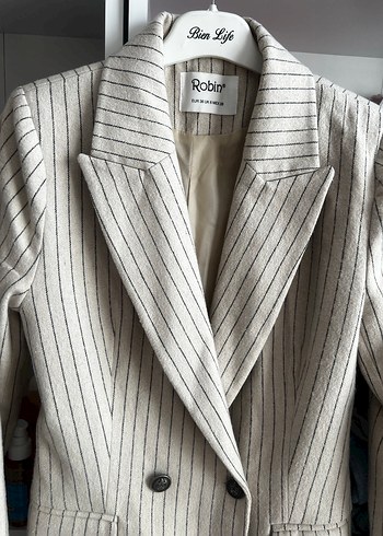 Çizgili Beyaz Kadın Blazer Ceket - Görsel 3