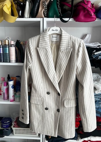 Çizgili Beyaz Kadın Blazer Ceket - Görsel 2