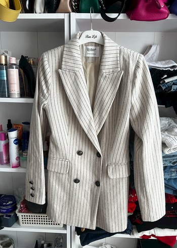 Çizgili Beyaz Kadın Blazer Ceket - Görsel 5