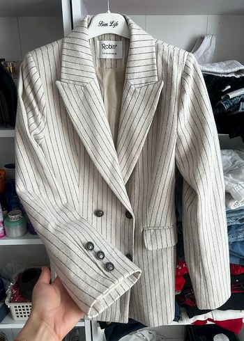 Çizgili Beyaz Kadın Blazer Ceket - Görsel 4