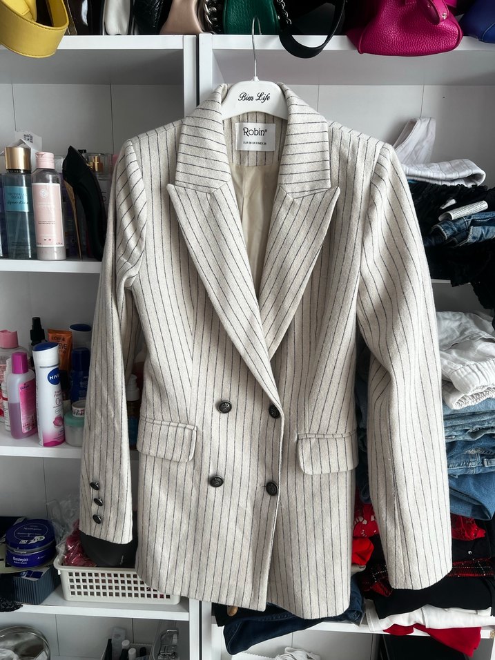 Çizgili Beyaz Kadın Blazer Ceket - Görsel 5