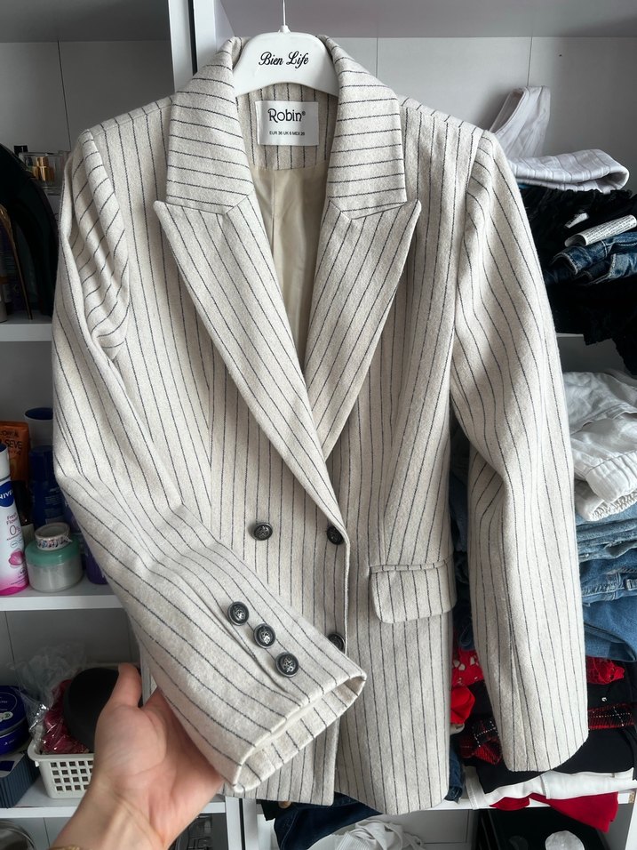 Çizgili Beyaz Kadın Blazer Ceket - Görsel 4