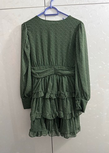 Uzun Kollu V Yaka Fırfırlı Yeşil Elbise - Görsel 4