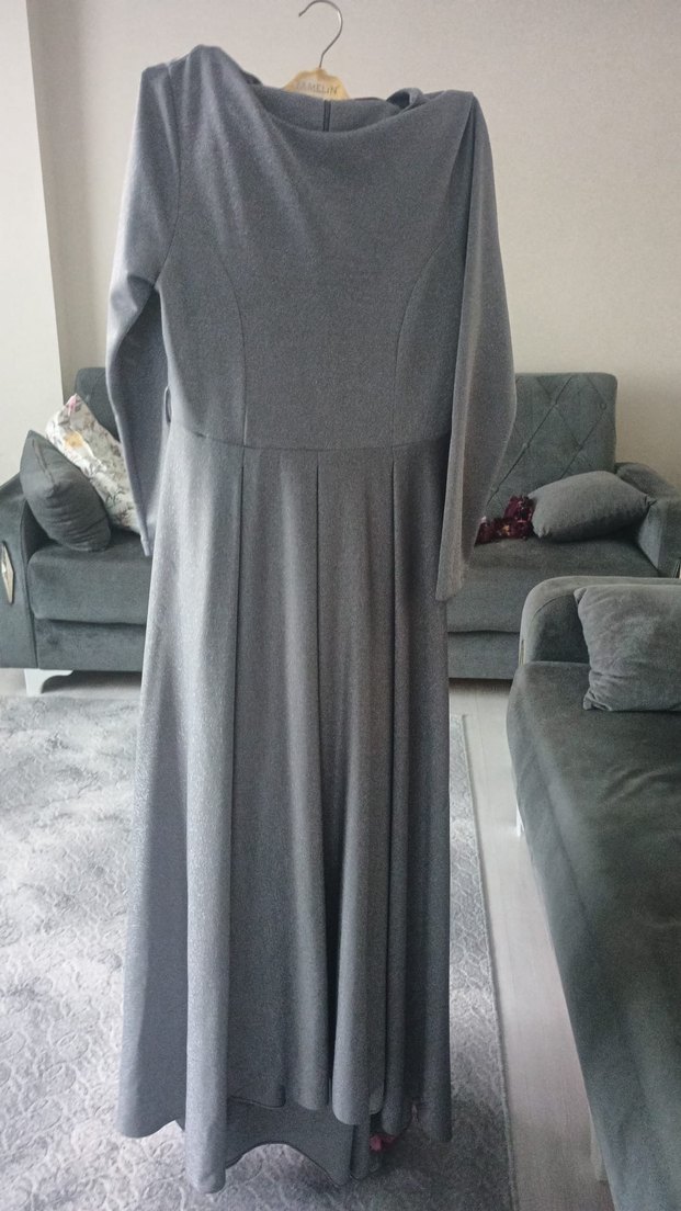 Gri Uzun Kollu Salaş Kadın Elbise - Görsel 2
