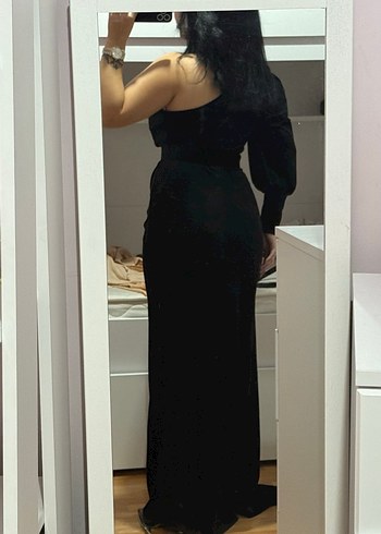 Siyah Drapeli Straplez Uzun kadife Abiye Elbise - Görsel 2