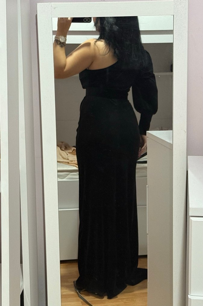 Siyah Drapeli Straplez Uzun kadife Abiye Elbise - Görsel 2