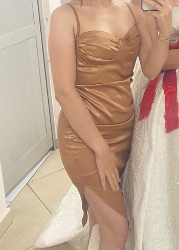 Parlak Midi Drapeli Abiye Elbise - Görsel 5