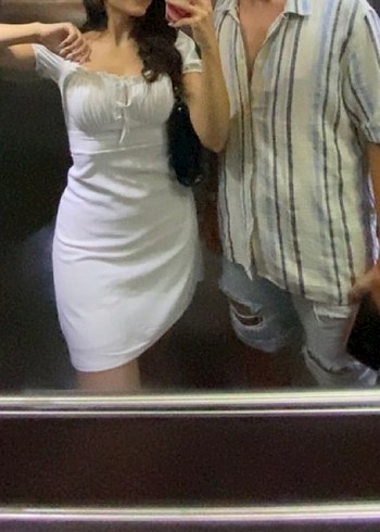 Beyaz Drapeli Midi Elbise - Görsel 2