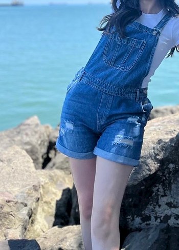 Kadın Kot Mini Askılı Tulum - Görsel 2