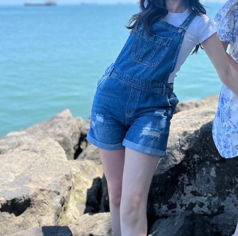 Kadın Kot Mini Askılı Tulum - Görsel 2