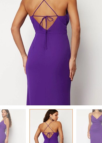 Mor Drapeli Uzun V Yaka Elbise - Görsel 6