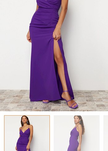 Mor Drapeli Uzun V Yaka Elbise - Görsel 2