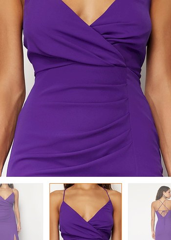 Mor Drapeli Uzun V Yaka Elbise - Görsel 3